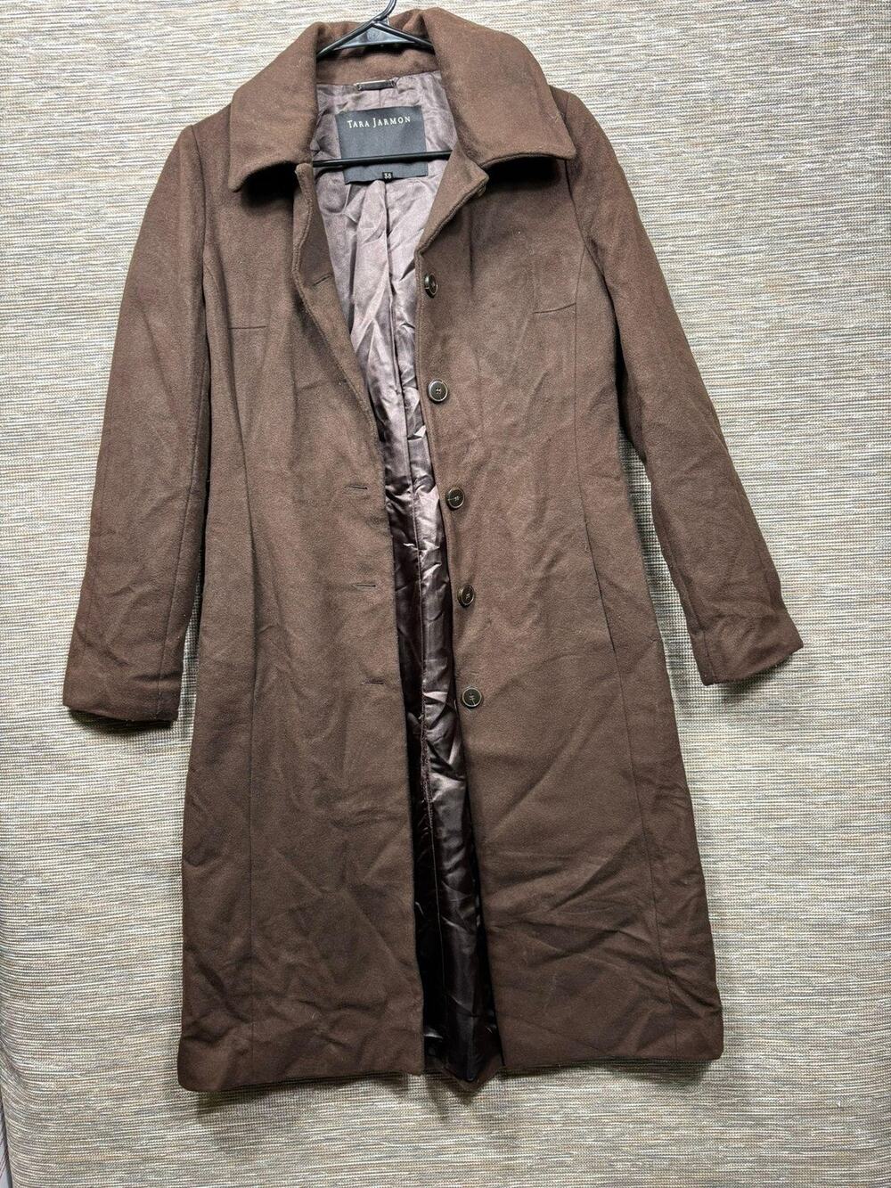 Tara Jarmon Coat Womens 38 Brown Wool Long Overcoat Single Breasted Lined